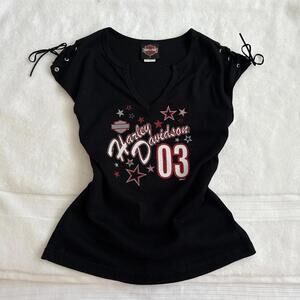 y2k harley davidson tank with grommit corset style sleeves